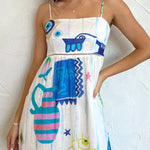 She's The Fun Linen Blend Playful Print Ladder Trim Midi Dress