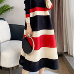 A-Line Loose Pleated Striped Round-Neck Midi Dresses