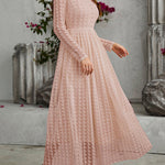High Waisted Long Sleeves Buttoned Gauze See-Through Solid Color V-Neck Maxi Dresses
