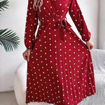 High Waisted Long Sleeves Pleated Polka Dot Tied Waist V-Neck Maxi Dresses Shirt Dress