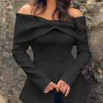 Long Sleeves Loose Pleated Solid Color Split-Front Off-The-Shoulder Blouses&Shirts Tops