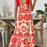 A-Line Loose Elasticity Flower Print Pleated Tied Spaghetti-Neck Midi Dresses