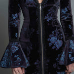 Vintage Floral Lace-trimmed Slim-fit Polyester Velvet Mini Dress