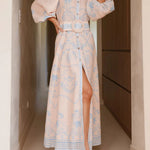 Long Sleeves Loose Belted Buttoned Contrast Color Printed Split-Joint Split-Side Lapel Maxi Dresses Shirt Dress