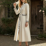 A-Line Elasticated Waist Belted Buttoned Contrast Color Line Split-Joint Stand Collar Maxi Dresses
