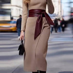 Tie-waisted elegant long woolen dress
