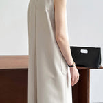 High Waisted Loose Pockets Solid Color Split-Back Zipper Round-Neck Midi Dresses
