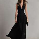 Women's Black Stretch Jersey Dress With Deep V-Neck & Twist-Front Detail, Timeless Luxe-Romantic Style Dress