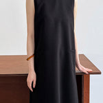 High Waisted Loose Pockets Solid Color Split-Back Zipper Round-Neck Midi Dresses
