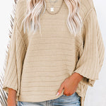 Apricot Solid Color Ribbed Knit 3/4 Sleeve Pullover Sweater