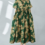 Half Sleeves Loose Flower Print Pleated Pockets Round-neck Midi Dresses
