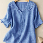 Cotton And Linen Retro Short Sleeved Navy Doll Collar Thin Shirt