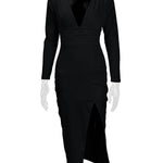 Bodycon Elasticated Waist Pleated Solid Color Split-Joint Split-Side Deep V-Neck Midi Dresses