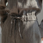 Urban Linen Drawstring Elastic Waisted Wide Leg Long Sleeves Jumpsuits