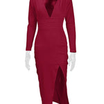 Bodycon Elasticated Waist Pleated Solid Color Split-Joint Split-Side Deep V-Neck Midi Dresses