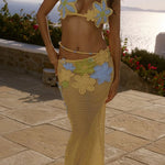 Luxe Knit Crochet Handmade Flower Beaded Waist Stretch Maxi Skirt