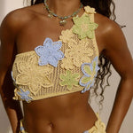 Susanna Knit Crochet Handmade Flower One Shoulder Stretch Crop Tank