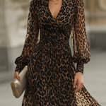 Leopard Print Wrap Midi Dress With Long Sleeves