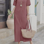 High Waisted Loose Pockets Solid Color Split-front Round-neck Midi Dresses