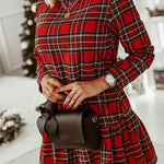 Fashionable Plaid Print Long Sleeve Round Neck Slim Fit Mini Dress