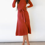 High Waisted Long Sleeves Solid Color Tied Waist Round-Neck Midi Dresses Sweater Dresses
