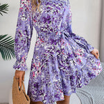 A-Line High Waisted Elasticity Flower Print Pleated Tied Waist Stand Collar Mini Dresses