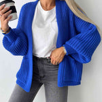Solid Color V-neck Long-sleeved Casual Knitted Cardigan