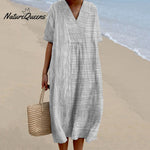 Women Vintage Stripes Casual V Neck Midi Dress