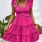 Loose Sleeveless Ruffle Trim Solid Color Split-Joint Deep V-Neck Mini Dresses