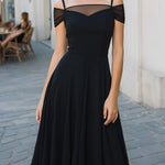 Off-Shoulder Mesh Panel A-Line Midi Dress