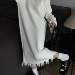 High Waisted Long Sleeves Fringed Solid Color Round-Neck Midi Dresses Sweater Dresses