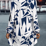 Loose Puff Sleeves Printed Split-Joint Lapel Mini Dresses Shirt Dress