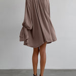 A-Line Flared Sleeves Buttoned Elasticity Pleated Solid Color Tied Zipper Stand Collar Mini Dresses