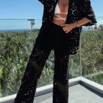Holiday Crochet Flowers Lace Short Sleeve Shirt and Elastic Waist Wide Leg Pants Set