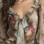 Boho Vintage Floral Tie-Front Chiffon Blouse