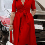 A-Line Loose Pleated Pockets Solid Color Tied Waist Notched Collar Midi Dresses