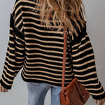 Black Stripe Drop Shoulder Round Neck Loose Sweater
