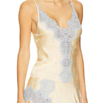 Light gold satin V-neck camisole with blue lace trim + matching skirt set
