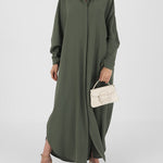 Batwing Sleeves Loose Buttoned Muslim Solid Color Split-Side Round-Neck Maxi Dresses