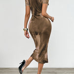 Bodycon High Waisted Contrast Color Round-neck Midi Dresses