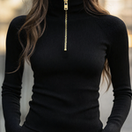 Long Sleeves Skinny Solid Color Zipper High Neck Pullovers