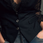 Elegant Black Lace Panel Sleeve Blazer Top