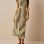 Sleeveless Contrast Color Split-Joint Striped Round-Neck Midi Dresses