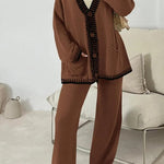 Fashion Casual Knitted Long Sleeve Pocket Cardigan and Elastic Waist Loose Wide Leg Pants Set