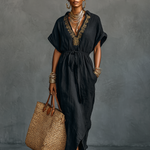 Women's Minimalist Linen Blend Embroidered Drawstring Short-sleeved Maxi Dress