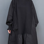Loose Puff Sleeves Pleated Solid Color Split-Joint Round-neck Midi Dresses