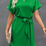 Loose Short Sleeves Solid Color Tied Waist Round-Neck Mini Dresses