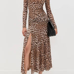 Retro leopard print high collar slim floor-length dress