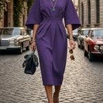 Batwing Sleeves Elasticated Waist Pleated Solid Color Split-Joint Round-Neck Midi Dresses