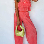 Self Tied Straps Pleated Wide Leg Jumpsuit